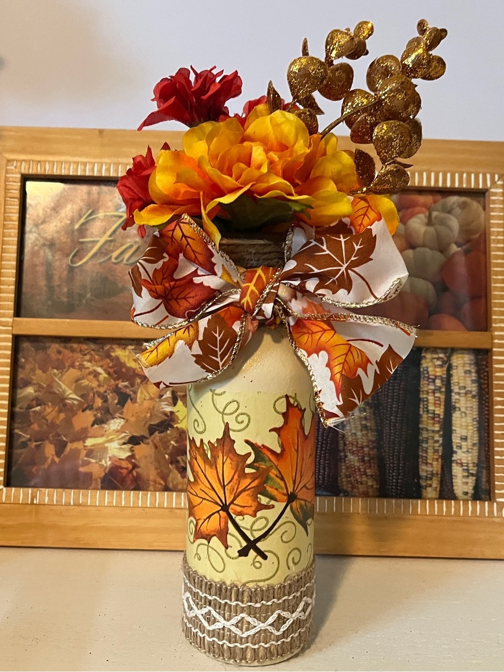 Autumn Leaf Decorative Vase with Orange and Gold Floral Accent